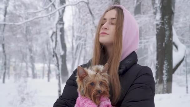 Portret eenzame schattig meisje met lange haren knuffelen een Yorkshire Terriër gekleed in wollen trui houden hond op handen in een winter besneeuwde Park. Tiener en een hond op een wandeling buitenshuis. Sneeuwt. — Stockvideo