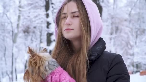 Retrato linda chica adolescente con el pelo largo abrazando a un terrier yorkshire vestido con suéter de lana sosteniendo perro en las manos en un parque cubierto de nieve de invierno. Adolescente y un perro en un paseo al aire libre. Movimiento lento . — Vídeo de stock