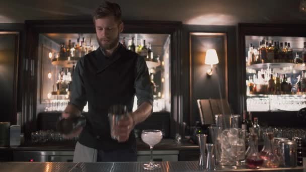 Guapo camarero mixólogo poner cubos de hielo en la coctelera con malabarismos y va a hacer cóctel en el bar moderno hermoso — Vídeo de stock