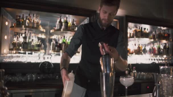 Hipster 调酒师混合成分和准备酒精鸡尾酒在美丽的现代酒吧。慢动作 — 图库视频影像