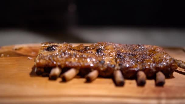 Lamb Ribs Fresh Butter Rosemary Lying Kitchen Table Closeup — Stock Video