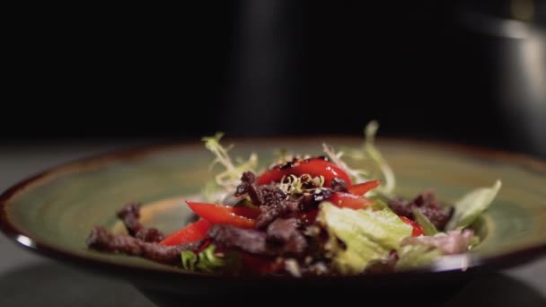 Sementes Sésamo Caindo Prato Com Ingredientes Salada Fresca — Vídeo de Stock