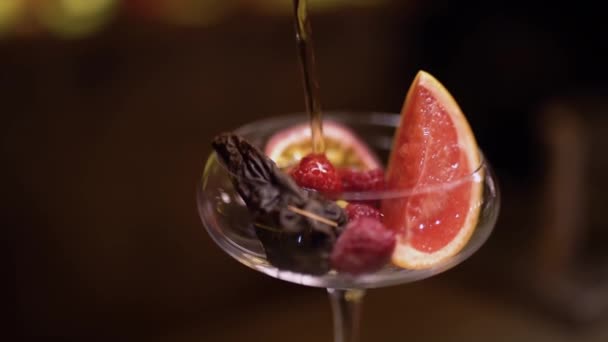 Alcohol poured in the glass with fruits slowly close up — Stock Video