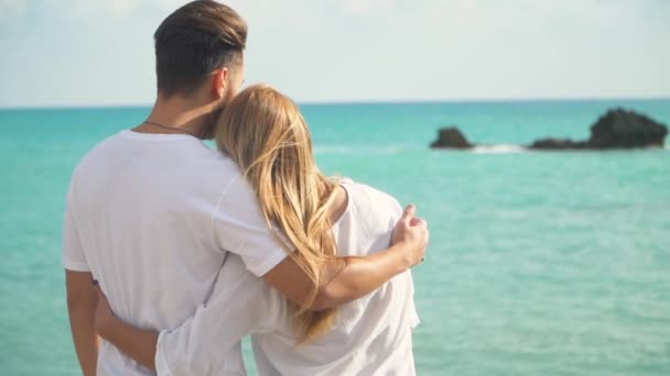 Joven pareja feliz de pie en la orilla del mar, riendo, abrazando y mirando a la pintoresca superficie del mar. Movimiento lento — Vídeos de Stock