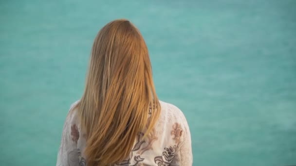 Bella ragazza dal retro con bellissimi capelli biondi sullo sfondo di un pittoresco mare blu calmo con trama liscia — Video Stock