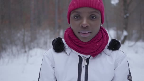 Портрет афро-американських дівчина стояла в зимовий ліс дивиться в камеру крупним планом. Красива дівчина в Куртки утеплені проводити час на відкритому повітрі. Сніг повільно падіння. Повільний рух зйомки — стокове відео