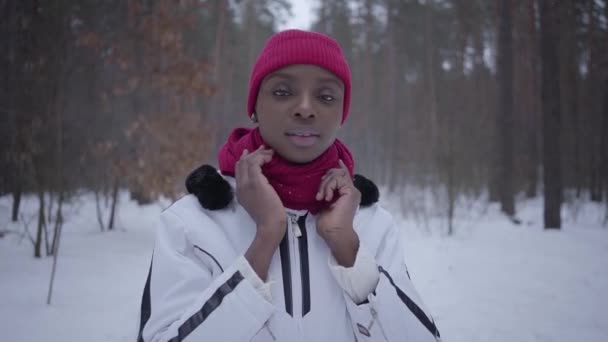 Африканская американка, гуляющая по зимнему лесу, смотрит в камеру, держа за руки шарф. Красивая девушка одета тепло в красную шляпу, шарф и белый пиджак провести время на открытом воздухе. Медленное движение — стоковое видео