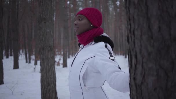 Afro-américaine habillée au chaud portant un chapeau rouge, écharpe et veste blanche debout dans la forêt d'hiver regardant de côté avec sa main sur l'arbre puis tourne et regarde en arrière. Tournage au ralenti — Video