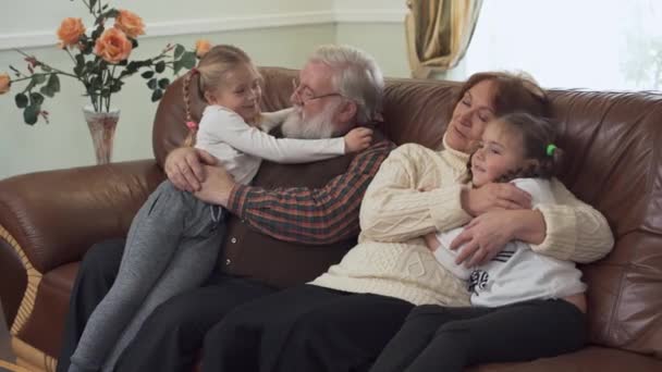Ευτυχισμένος γκρίζα μαλλιά γενειοφόρος παππού και της γιαγιάς γλυκό αγκάλιασμα και το φίλημα τους μικρό αστείο εγγονές — Αρχείο Βίντεο