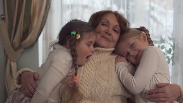 Šťastná babička sedí na židli u okna, dvě dívky stojící vedle ní. Vnučky objímání krásná starší žena z obou stran. Volný čas šťastná rodina — Stock video