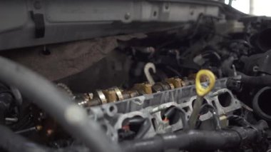 Deneyimli bir mekanik araba ayakta açık Hood hizmet istasyonu onarır. Araba Servisi, tamir, bakım ve insan kavramı - atölyesinde çalışan makinist adam