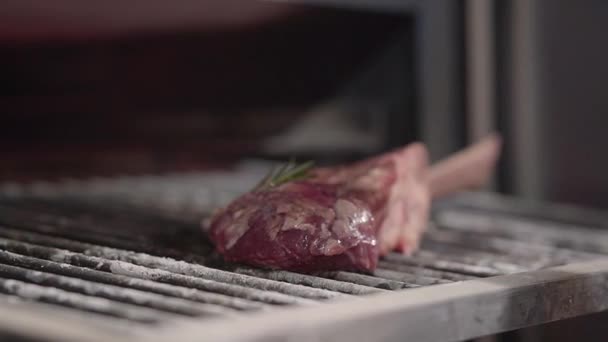 Rauw sappig vlees ribben gemarineerd met rozemarijn kruiden voor de geur en het aroma en klaar om te worden gebakken in de grill. Close-up — Stockvideo