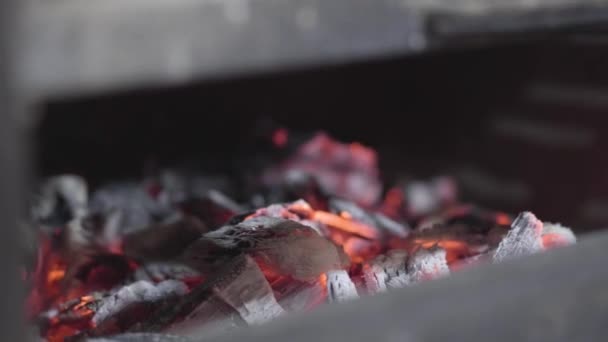 バーベキューの準備のために燃えるような火の熱い石炭は焙煎肉、他の食事の準備ができています。クローズ アップ — ストック動画