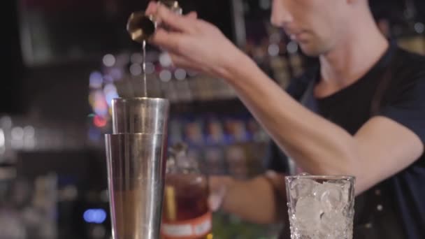 调酒师使用摇摆机, 并在美丽的现代酒吧与不同的饮料酒精鸡尾酒。特写 — 图库视频影像