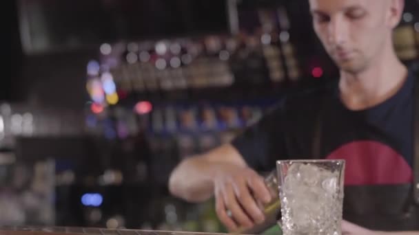 Barman mixologist shaker gebruiken en vervaardigen van een alcohol cocktail met verschillende dranken in mooie moderne bar. Close-up — Stockvideo