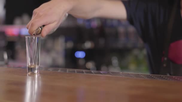 Barman profissional derramando uma bebida alcoólica em um copo pequeno. Fechar . — Vídeo de Stock