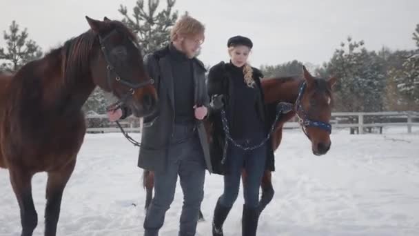 Casal que anda com cavalos ao ar livre em um rancho rural no inverno. Homem e mulher conduzindo cavalos . — Vídeo de Stock