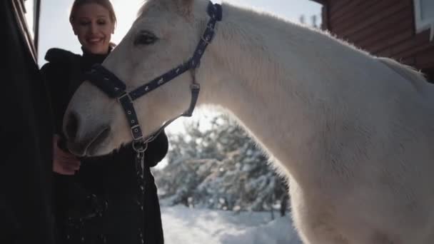 El tipo y la chica se comunican de pie junto a un hermoso caballo blanco en el rancho en el invierno. Pareja feliz pasar tiempo al aire libre en la granja . — Vídeos de Stock