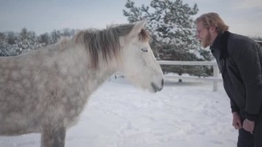 Gözlüklü bir at alay sakallı adam. Neşeli oynak adam ile bir at üzerinde bir ülke ranch kış sezonunda eğleniyor. Ağır çekim.