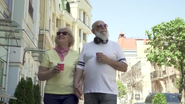 Retrato hermosa pareja de ancianos caminando por la ciudad y disfrutar el uno del otro — Vídeo de stock