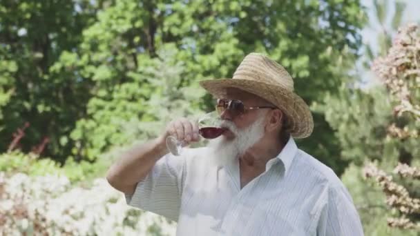 Портрет пожилого человека в шляпе, пьющего красное вино — стоковое видео
