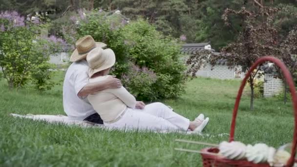 Casal sênior relaxante no parque — Vídeo de Stock