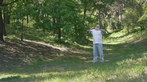 Starý muž dělá sportovní cvičení v létě parku — Stock video