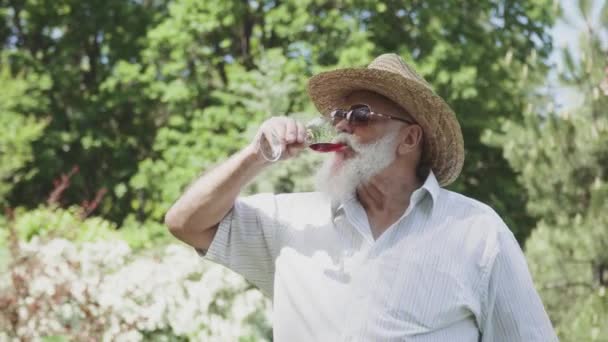 Портрет старика в шляпе, пьющего красное вино на открытом воздухе — стоковое видео