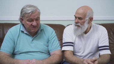 Deri kanepede oturan iki olgun erkekler portresi. Mutlu insanlar chat, konuşma, sohbet edelim. Sakallı adam tombul arkadaşı hikayeyi dinliyor. Emekliler, eğlence