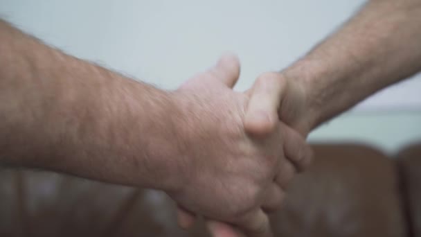Two senior mature men shaking hands close up. Friendship of the old friends. People are in good relationship. Leather sofa is in the background. Leisure at home — Stock Video