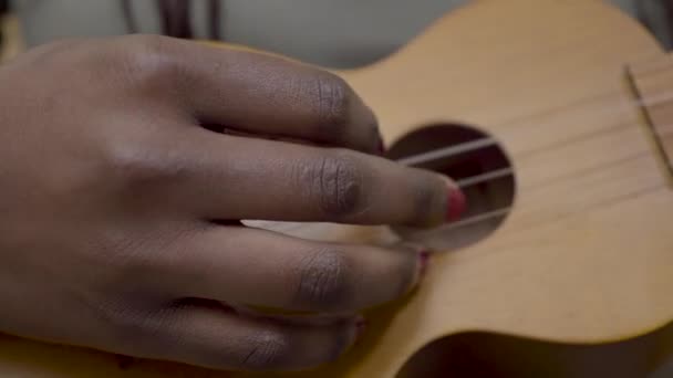 African american vrouw handen gaan naar nieuwe ukelele gitaar spelen of klaar om te beginnen met het leren van muziekinstrument. Close-up — Stockvideo