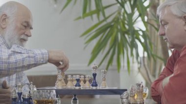 İki olgun üst düzey arkadaş evde oturan satranç oynuyor. Beyaz yaşlı adamlar komşular sevinçle kapalı satranç oynuyor. Zeka kavramı meydan