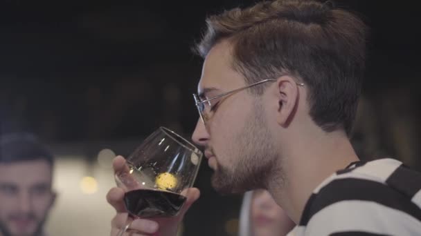 Porträtt av en stilig ung skäggig man med vinprovning glasögon. En kille som dricker ur ett glas vin i en dyr restaurang. — Stockvideo