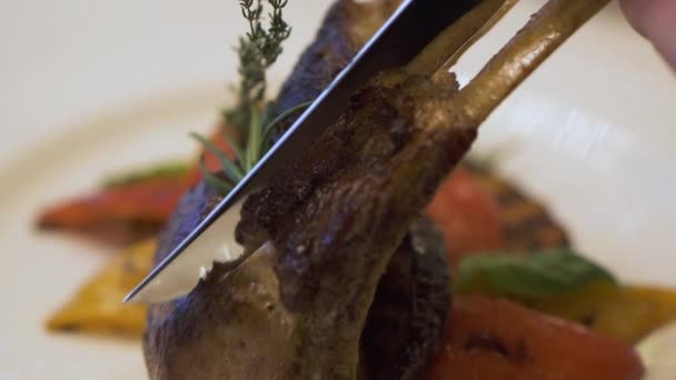 Primer plano de costillas frescas y sabrosas cortadas con el cuchillo por el cliente invitado en el lujoso restaurante. Costillas tostadas jugosas con verduras a la parrilla en el plato. Movimiento lento — Vídeos de Stock