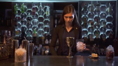 Uzun kahverengi saçlı Barmen kız birçok buz cam ve bardaki özel metal kapta büyük parça koydum. Kadın bir kokteyl için cam votka dökülür