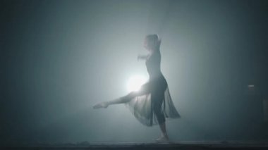 Zarif profesyonel Balerin Bale ayakkabıları dans ve siyah bir arka plan üzerinde spot stüdyoda Black elbise. Klasik balenin dans unsurlarını gerçekleştiren genç Bale dansçısı.