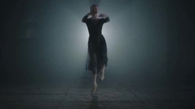 Zarif profesyonel Balerin Bale ayakkabıları dans ve siyah bir arka plan üzerinde spot stüdyoda Black elbise. Genç çalışkan bale dansçı klasik bale dans unsurları performans.