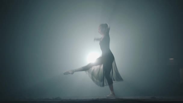 Bailarina profesional elegante bailando en zapatos de ballet y vestido negro en el estudio en el centro de atención sobre un fondo negro. Joven bailarina de ballet interpretando elementos de baile del ballet clásico . — Vídeos de Stock