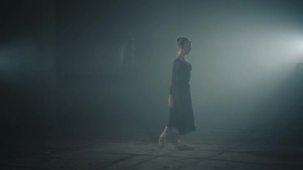 Bailarina profesional bailando en zapatillas de ballet y vestido negro en el estudio en el centro de atención sobre un fondo negro. Joven hermosa bailarina de ballet de entrenamiento y saltos realizando una división en el aire — Vídeos de Stock