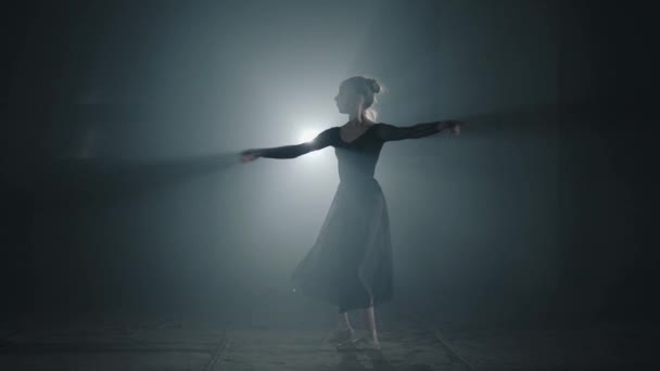Πορτρέτο χαριτωμένο επαγγελματίας μπαλαρίνα χορεύει με μαύρο φόρεμα στο στούντιο στο προσκήνιο σε ένα μαύρο φόντο. Επιμελής χορεύτρια μπαλέτου που εκτελεί χορούς κλασσικού μπαλέτου. Αργή κίνηση. — Αρχείο Βίντεο