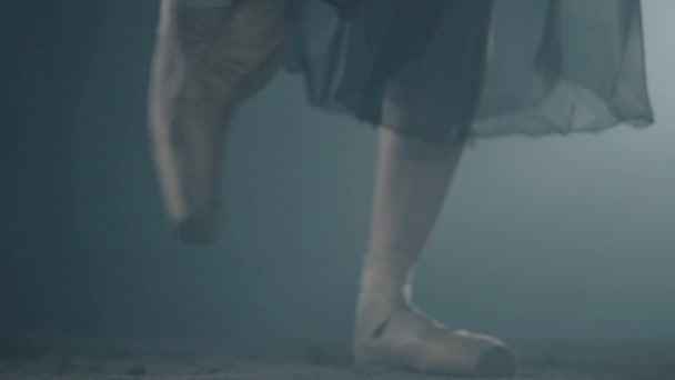 Close-up van vrouwelijke slanke poten staande in pose en maak stappen op zwarte achtergrond in de Studio. Professionele ballerina dansen in ballet schoenen en zwarte jurk. Slow Motion. — Stockvideo