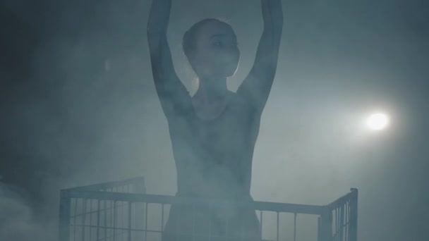 Portré szakmai balerina tánc Reflektorfényben a fekete háttér. Fiatal gyönyörű nő emelkedik a kezét, és integetett a kezét a ketrec felett — Stock videók