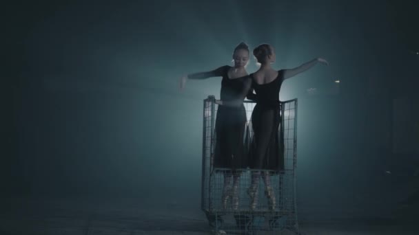 Las figuras de dos bailarinas profesionales delgadas bailando en vestido negro en el estudio dentro de una gran jaula azul. Jóvenes mujeres hermosas levantando las manos y arqueando sus cuerpos — Vídeos de Stock