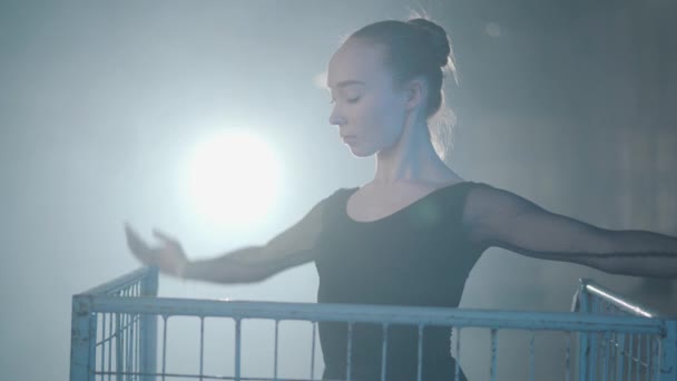 Porträtt av graciösa professionella ballerina dansa i svart klänning i studion inuti den blå buren i strålkastarljuset på en svart bakgrund. Ung vacker kvinna höjer handen stående i en metall vagn — Stockvideo