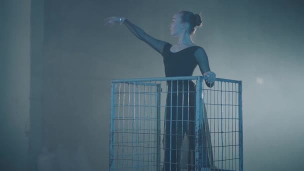 Фигура профессиональной балерины, танцующей в черном платье в студии в большой синей клетке на черном фоне с прожектором. Молодая красивая женщина поднимает руку стоя в металлической тележке . — стоковое видео