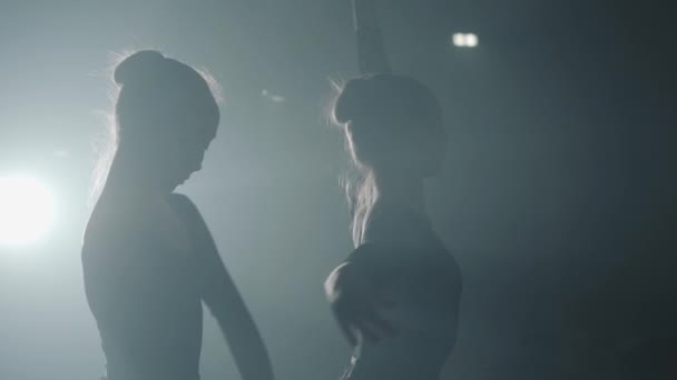 Две фигуры двух стройных профессиональных балерин, танцующих в черном платье в студии перед лучами прожектора. Молодые красивые женщины изящно поднимают руки . — стоковое видео