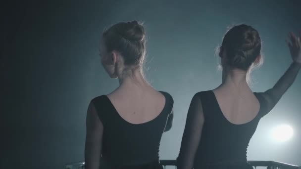 As figuras de duas bailarinas profissionais magras dançando em vestido preto no estúdio na frente de um raio de holofotes. Jovens mulheres bonitas levantando as mãos graciosamente. Tiro nas costas — Vídeo de Stock