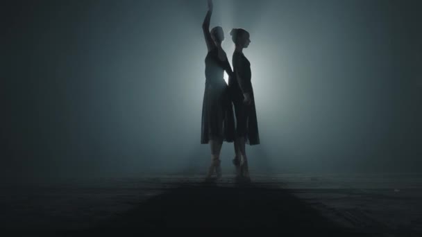 Грациозные артисты балета показывают классические балетные па. Две профессиональные балерины танцуют на пуантах балетных туфель в центре внимания на черном фоне в студии . — стоковое видео