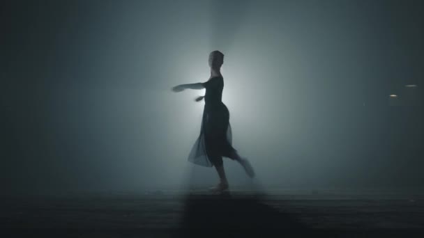 Молода витончена балерина танцює елементи класичного балету в темряві зі світлом і димом на фоні. Прекрасна молода балерина в темряві. Балетна практика в студії . — стокове відео