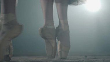 Pointe shoeses genç balerinler güzel bacaklar. Bale antrenmanı. Arka planda ışık ve duman ile karanlıkta bale dansçıları güzel ince zarif bacaklar. Yakın çekim.